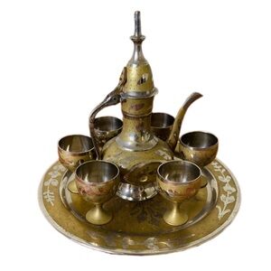 LAST CHANCE SALE! 8 PIECE VTG Brass Moroccan Tea Set Matching Tray Floral Design